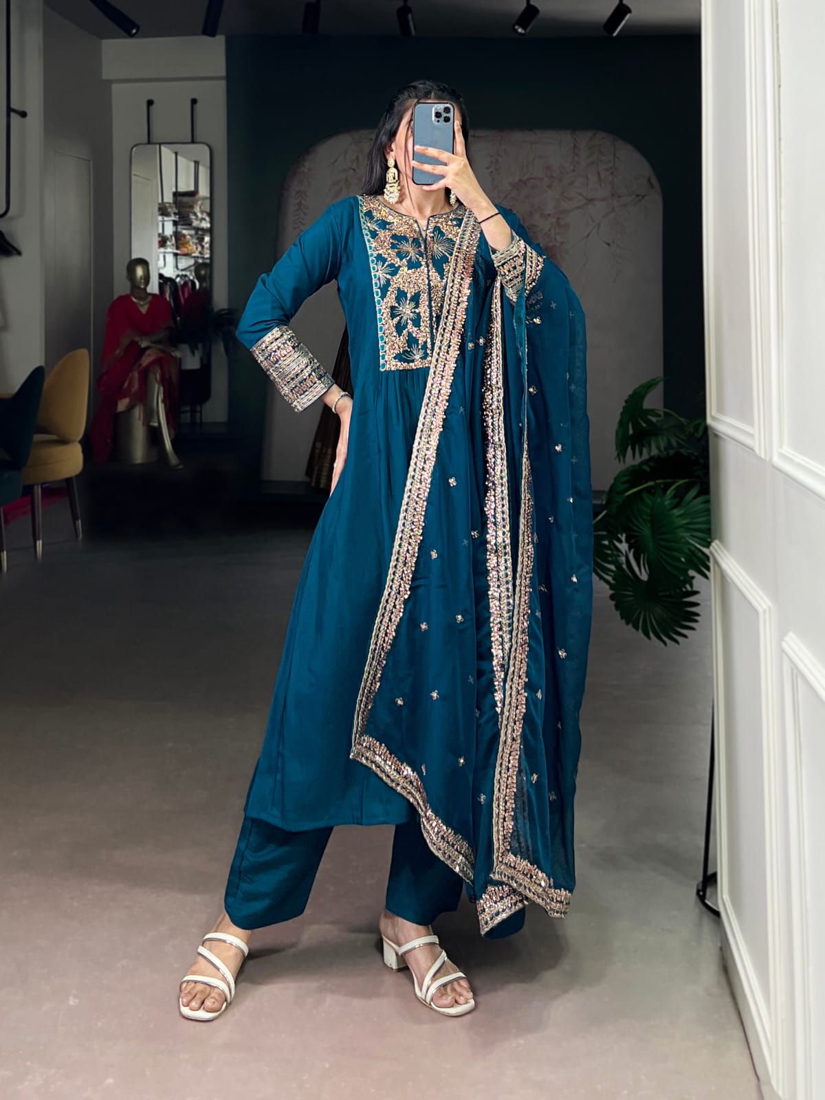 Designer Party Wear Roman Silk Salwar Suit With Dupatta set