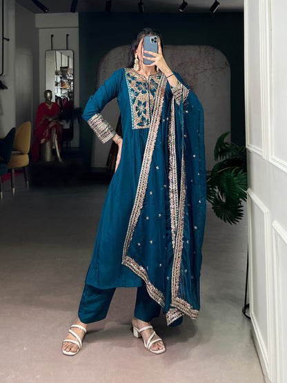 Designer Party Wear Roman Silk Salwar Suit With Dupatta set