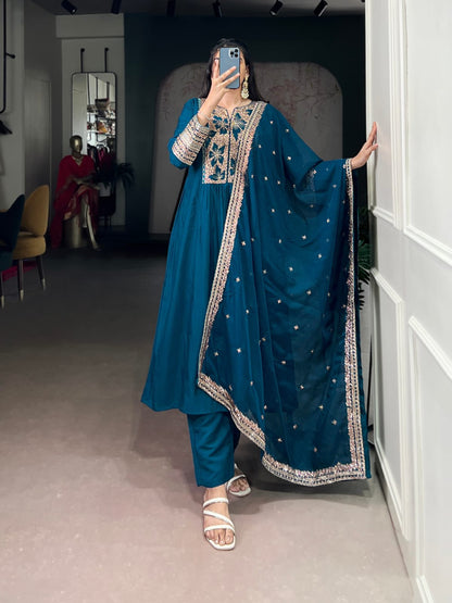 Designer Party Wear Roman Silk Salwar Suit With Dupatta set