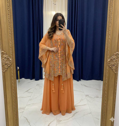 DESIGNER WEAR KURTA PLAZZO PAIR WITH SHRUGE IN SEQUENCE EMBROIDERY WORK