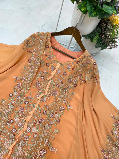 DESIGNER WEAR KURTA PLAZZO PAIR WITH SHRUGE IN SEQUENCE EMBROIDERY WORK