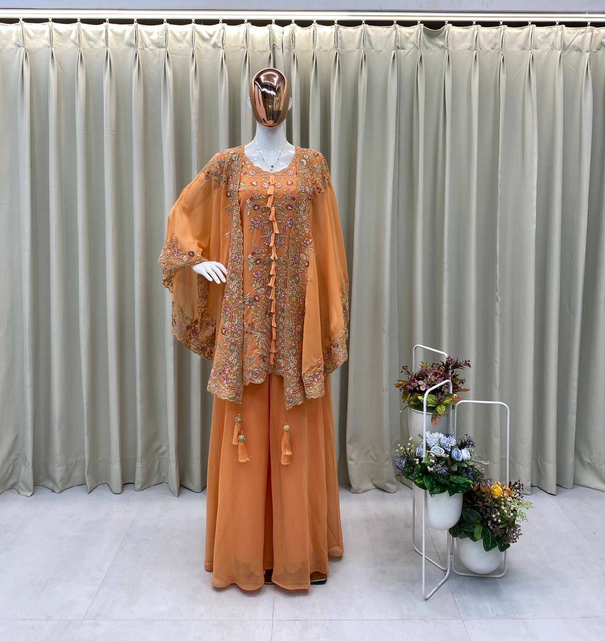 DESIGNER WEAR KURTA PLAZZO PAIR WITH SHRUGE IN SEQUENCE EMBROIDERY WORK