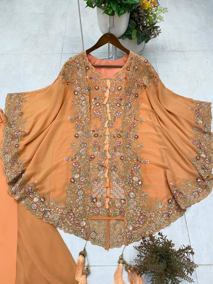 DESIGNER WEAR KURTA PLAZZO PAIR WITH SHRUGE IN SEQUENCE EMBROIDERY WORK
