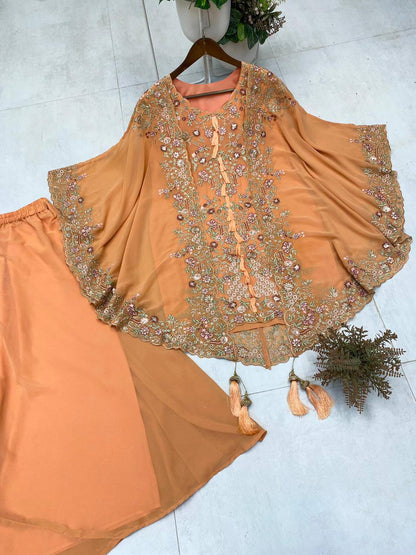 DESIGNER WEAR KURTA PLAZZO PAIR WITH SHRUGE IN SEQUENCE EMBROIDERY WORK