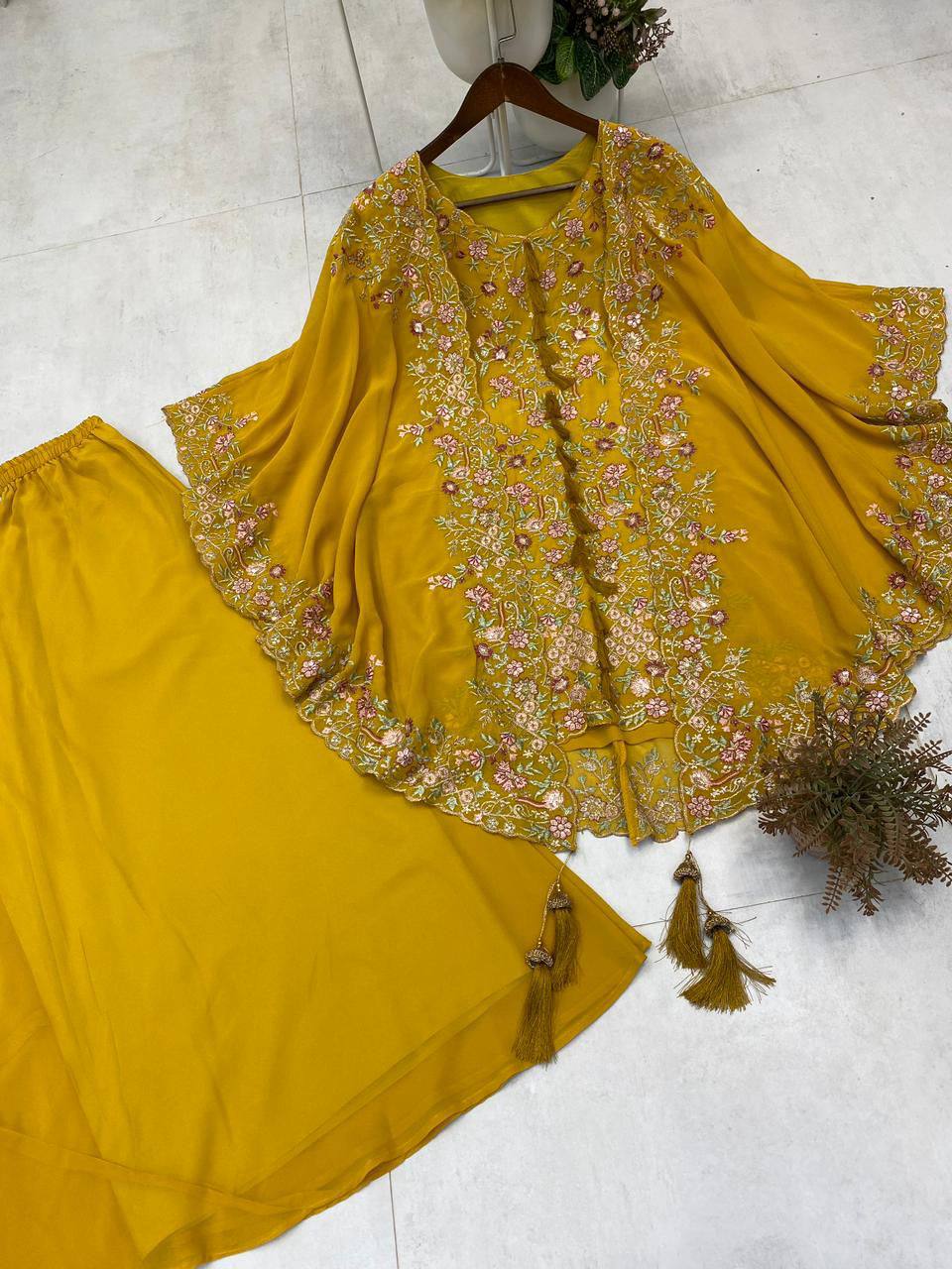 DESIGNER WEAR KURTA PLAZZO PAIR WITH SHRUGE IN SEQUENCE EMBROIDERY WORK