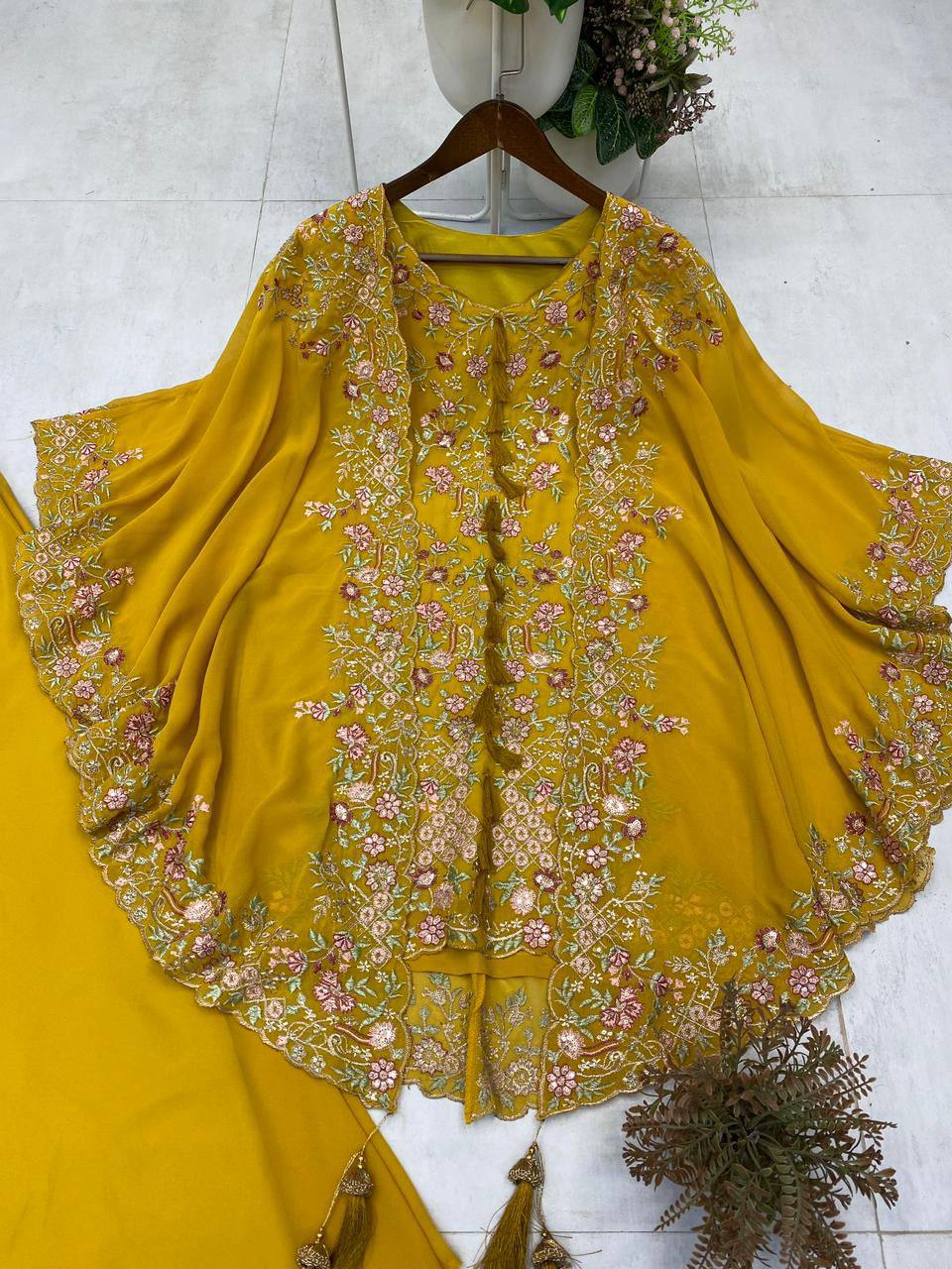 DESIGNER WEAR KURTA PLAZZO PAIR WITH SHRUGE IN SEQUENCE EMBROIDERY WORK