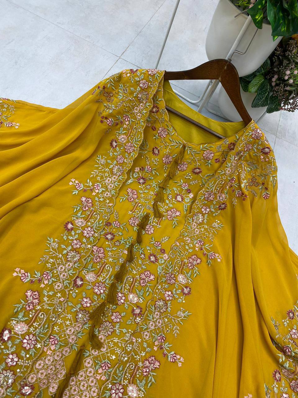 DESIGNER WEAR KURTA PLAZZO PAIR WITH SHRUGE IN SEQUENCE EMBROIDERY WORK