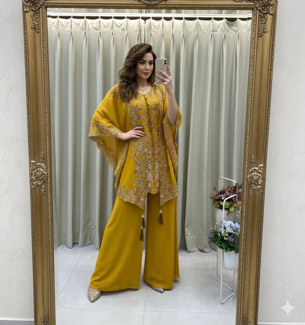 DESIGNER WEAR KURTA PLAZZO PAIR WITH SHRUGE IN SEQUENCE EMBROIDERY WORK