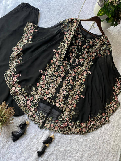 DESIGNER WEAR KURTA PLAZZO PAIR WITH SHRUGE IN SEQUENCE EMBROIDERY WORK