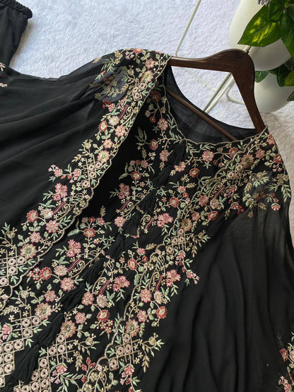 DESIGNER WEAR KURTA PLAZZO PAIR WITH SHRUGE IN SEQUENCE EMBROIDERY WORK