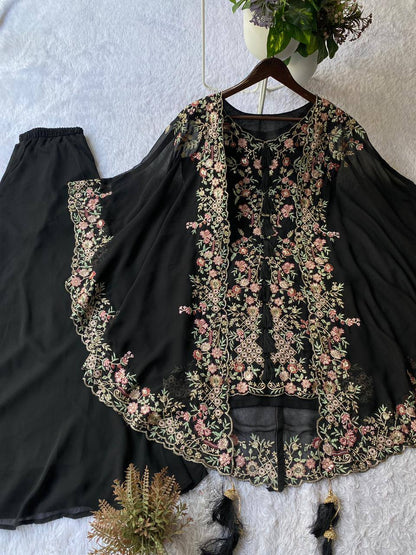 DESIGNER WEAR KURTA PLAZZO PAIR WITH SHRUGE IN SEQUENCE EMBROIDERY WORK