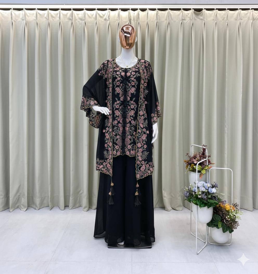 DESIGNER WEAR KURTA PLAZZO PAIR WITH SHRUGE IN SEQUENCE EMBROIDERY WORK