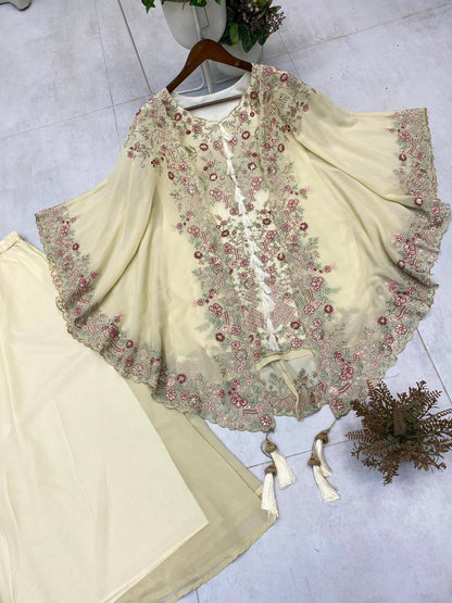 DESIGNER WEAR KURTA PLAZZO PAIR WITH SHRUGE IN SEQUENCE EMBROIDERY WORK