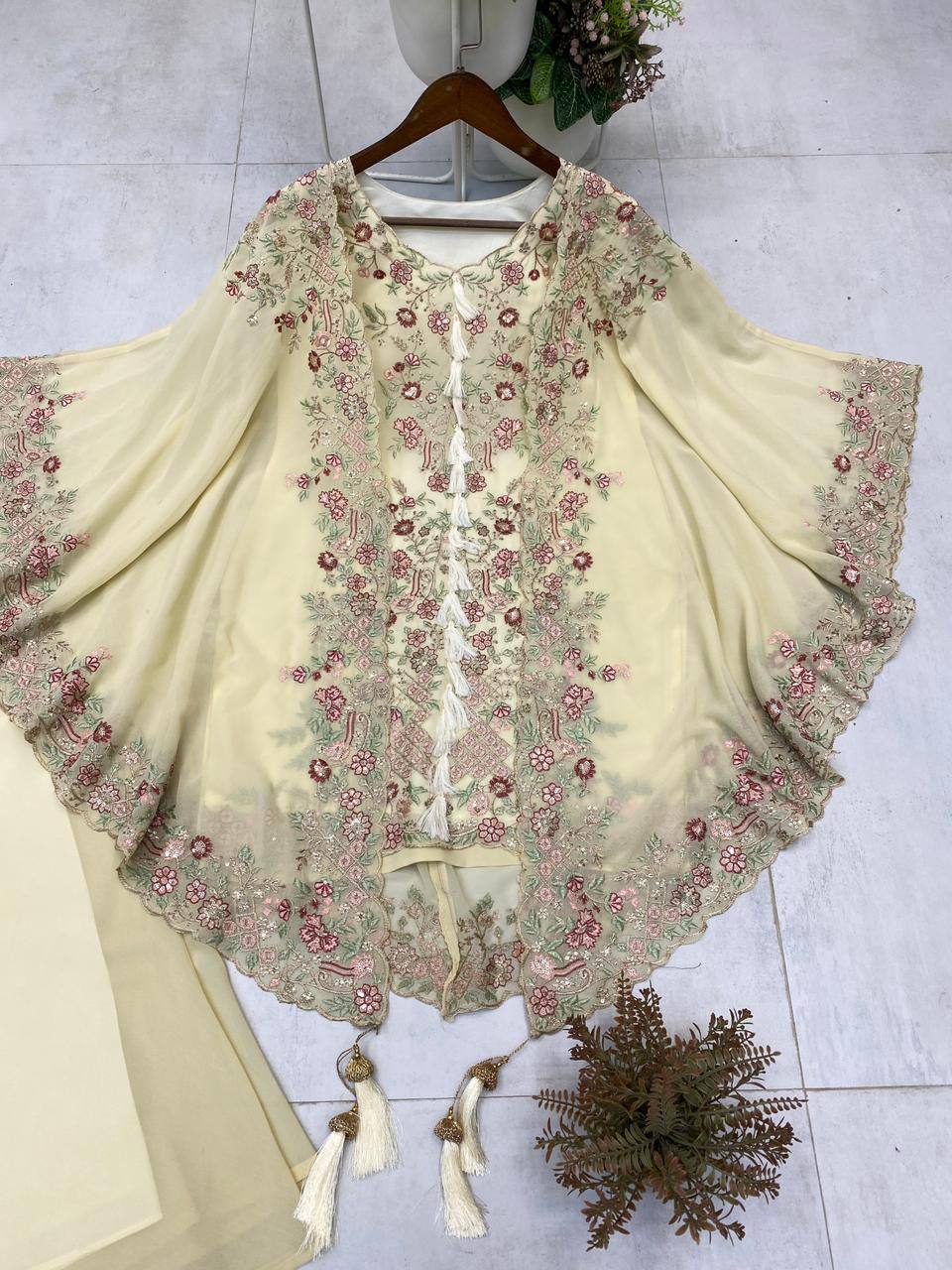 DESIGNER WEAR KURTA PLAZZO PAIR WITH SHRUGE IN SEQUENCE EMBROIDERY WORK