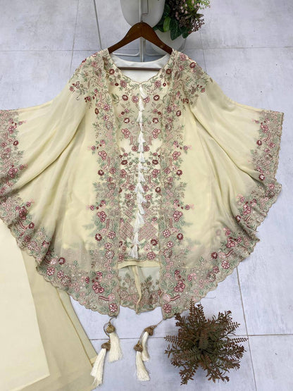 DESIGNER WEAR KURTA PLAZZO PAIR WITH SHRUGE IN SEQUENCE EMBROIDERY WORK