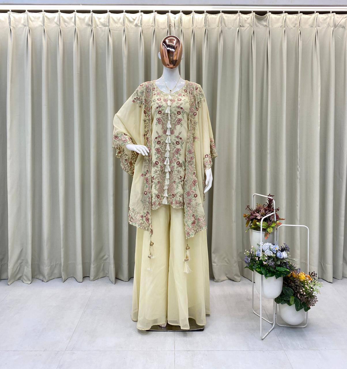 DESIGNER WEAR KURTA PLAZZO PAIR WITH SHRUGE IN SEQUENCE EMBROIDERY WORK