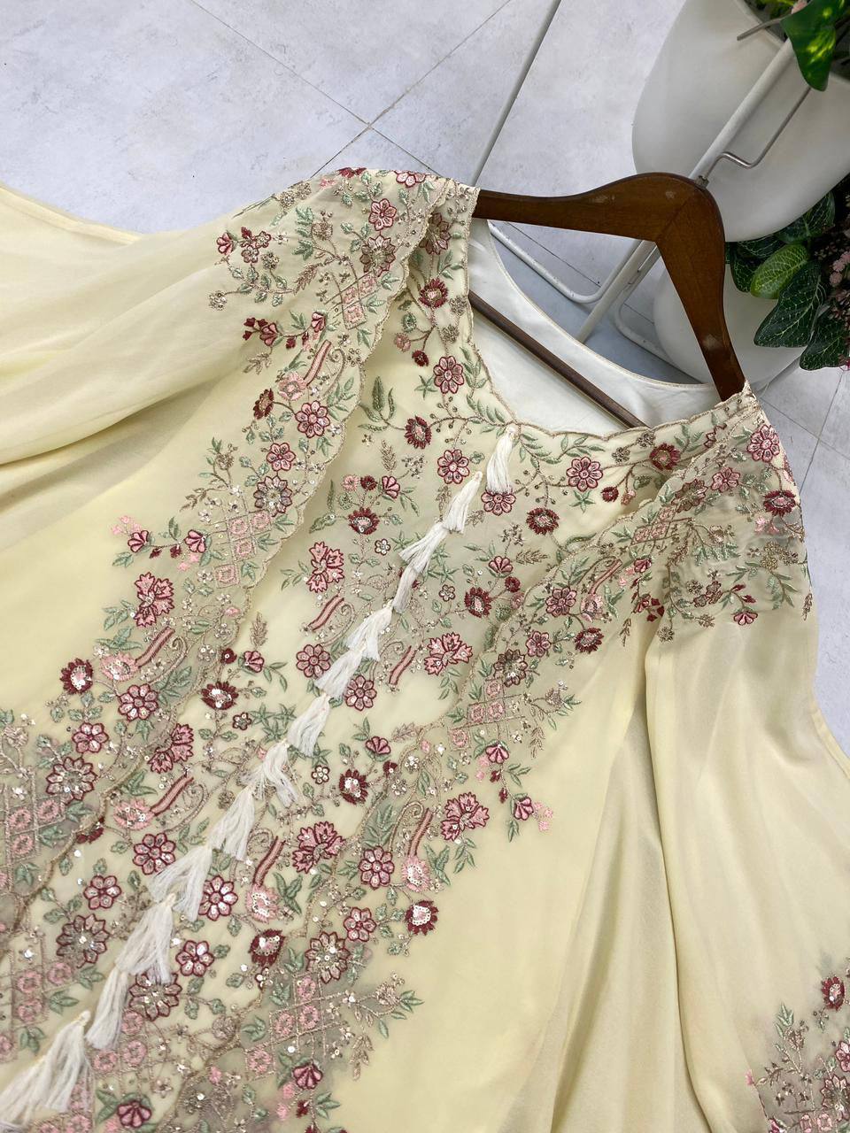 DESIGNER WEAR KURTA PLAZZO PAIR WITH SHRUGE IN SEQUENCE EMBROIDERY WORK