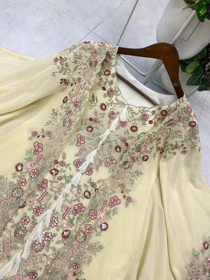 DESIGNER WEAR KURTA PLAZZO PAIR WITH SHRUGE IN SEQUENCE EMBROIDERY WORK