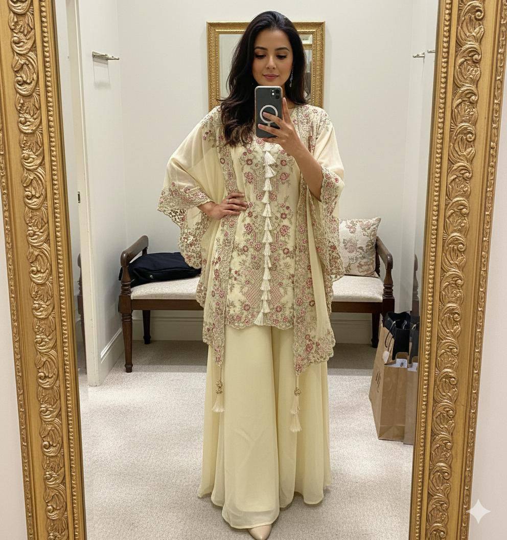 DESIGNER WEAR KURTA PLAZZO PAIR WITH SHRUGE IN SEQUENCE EMBROIDERY WORK