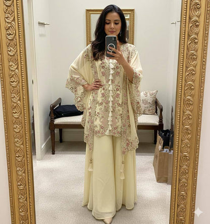 DESIGNER WEAR KURTA PLAZZO PAIR WITH SHRUGE IN SEQUENCE EMBROIDERY WORK