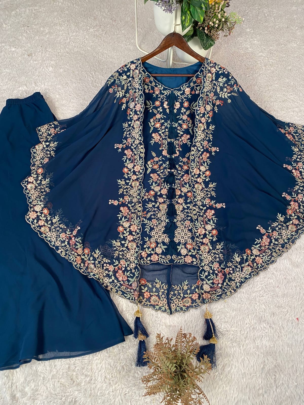 DESIGNER WEAR KURTA PLAZZO PAIR WITH SHRUGE IN SEQUENCE EMBROIDERY WORK