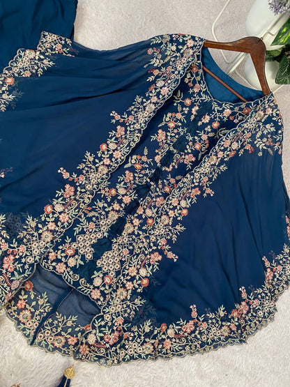 DESIGNER WEAR KURTA PLAZZO PAIR WITH SHRUGE IN SEQUENCE EMBROIDERY WORK