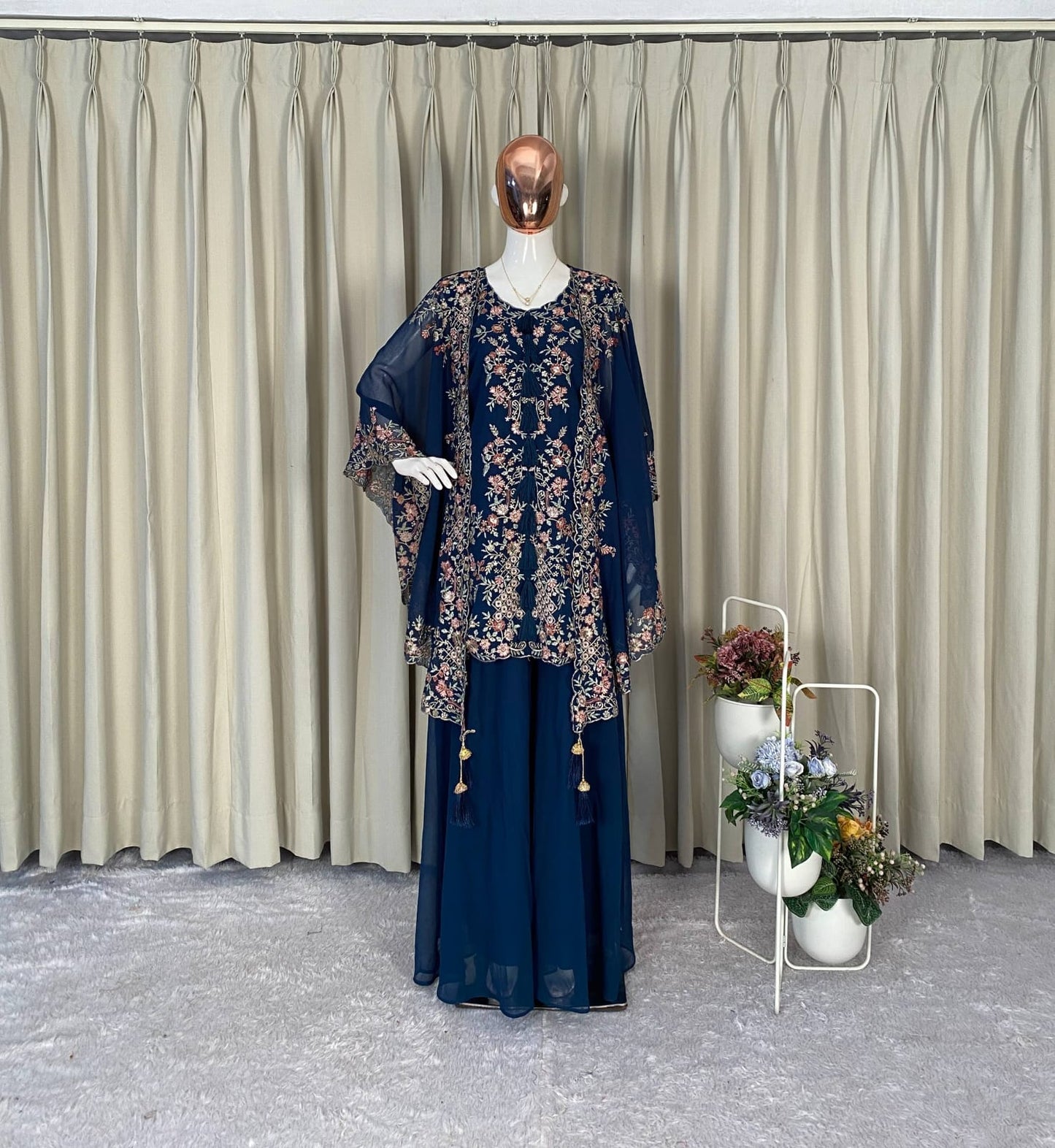 DESIGNER WEAR KURTA PLAZZO PAIR WITH SHRUGE IN SEQUENCE EMBROIDERY WORK