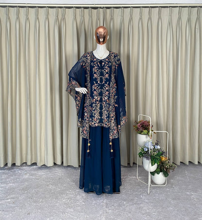 DESIGNER WEAR KURTA PLAZZO PAIR WITH SHRUGE IN SEQUENCE EMBROIDERY WORK