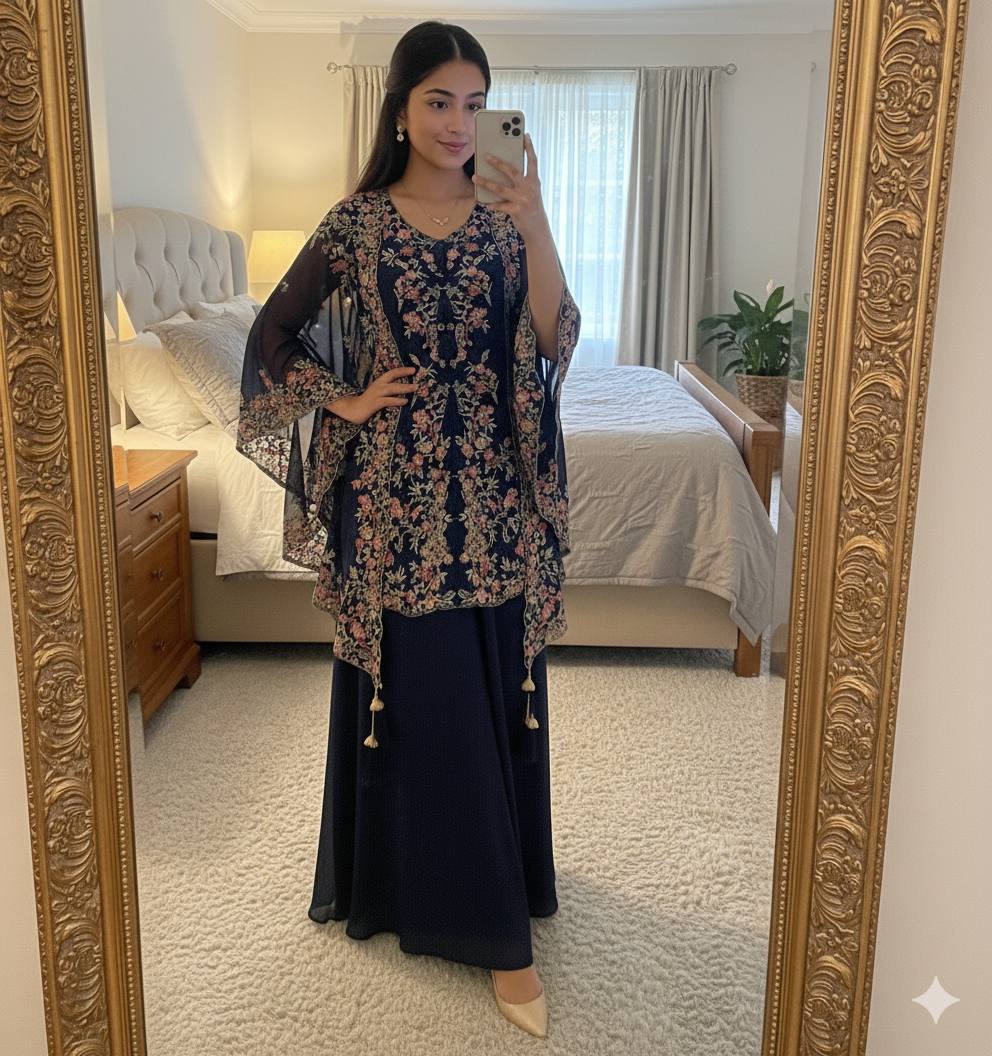 DESIGNER WEAR KURTA PLAZZO PAIR WITH SHRUGE IN SEQUENCE EMBROIDERY WORK