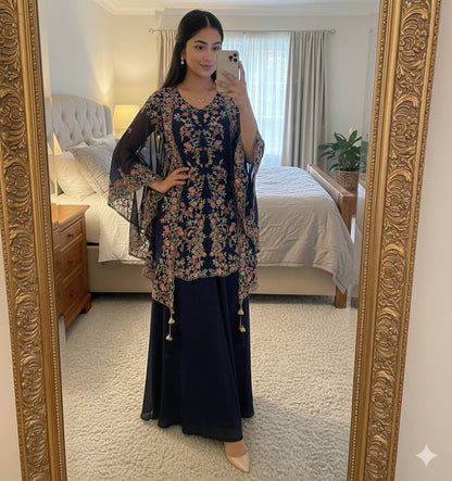 DESIGNER WEAR KURTA PLAZZO PAIR WITH SHRUGE IN SEQUENCE EMBROIDERY WORK