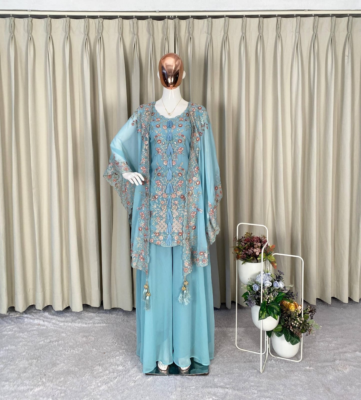 DESIGNER WEAR KURTA PLAZZO PAIR WITH SHRUGE IN SEQUENCE EMBROIDERY WORK