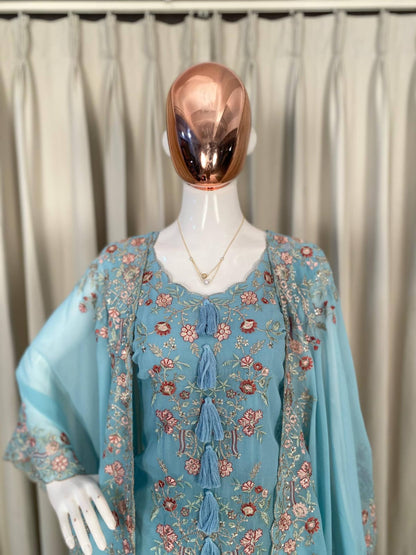 DESIGNER WEAR KURTA PLAZZO PAIR WITH SHRUGE IN SEQUENCE EMBROIDERY WORK
