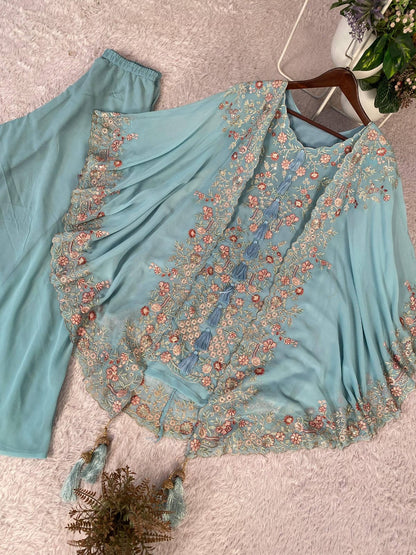 DESIGNER WEAR KURTA PLAZZO PAIR WITH SHRUGE IN SEQUENCE EMBROIDERY WORK