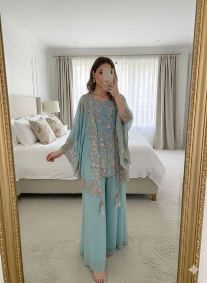 DESIGNER WEAR KURTA PLAZZO PAIR WITH SHRUGE IN SEQUENCE EMBROIDERY WORK