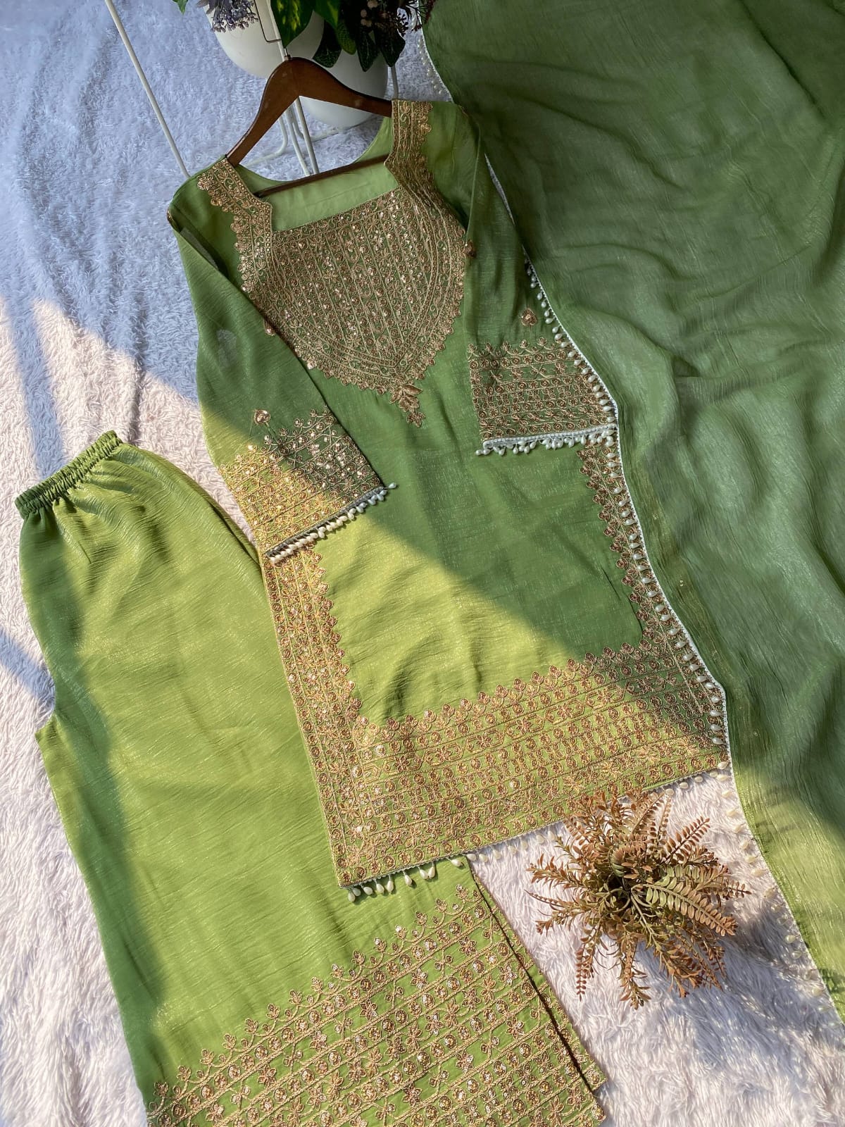 DESIGNER WEAR CORDING SEQUENCE EMBROIDERED TOP PLAZZO AND DUPATTA IN CHRUNCHY
