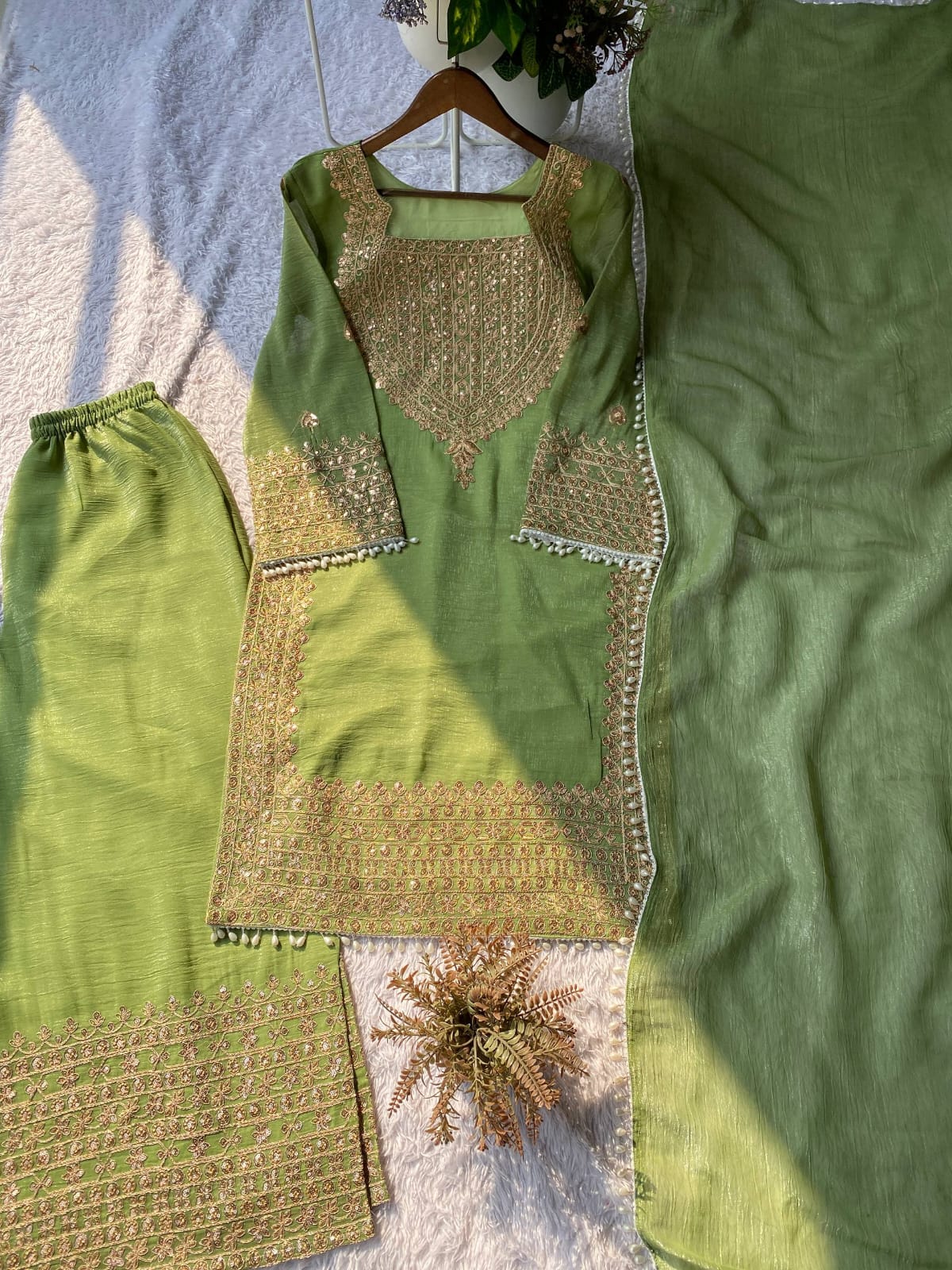 DESIGNER WEAR CORDING SEQUENCE EMBROIDERED TOP PLAZZO AND DUPATTA IN CHRUNCHY
