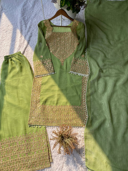 DESIGNER WEAR CORDING SEQUENCE EMBROIDERED TOP PLAZZO AND DUPATTA IN CHRUNCHY