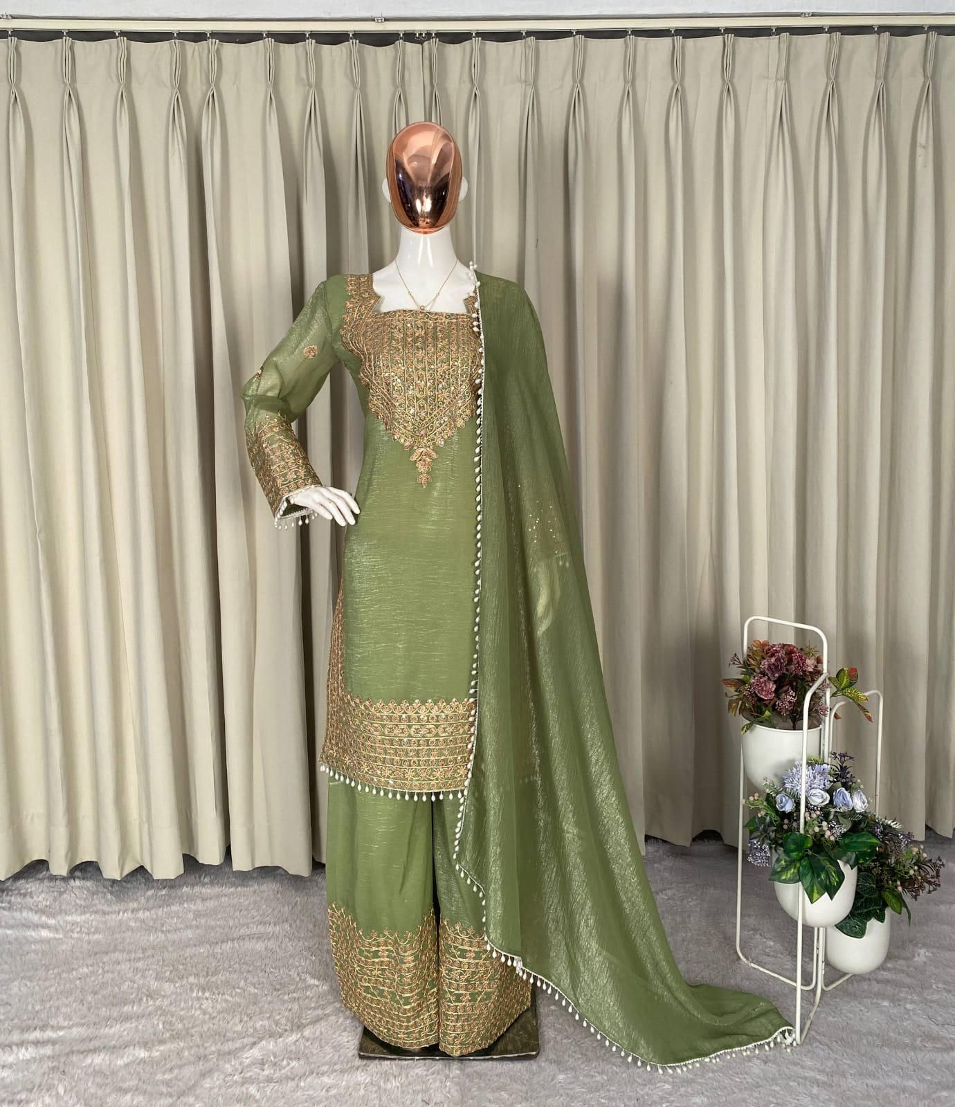 DESIGNER WEAR CORDING SEQUENCE EMBROIDERED TOP PLAZZO AND DUPATTA IN CHRUNCHY