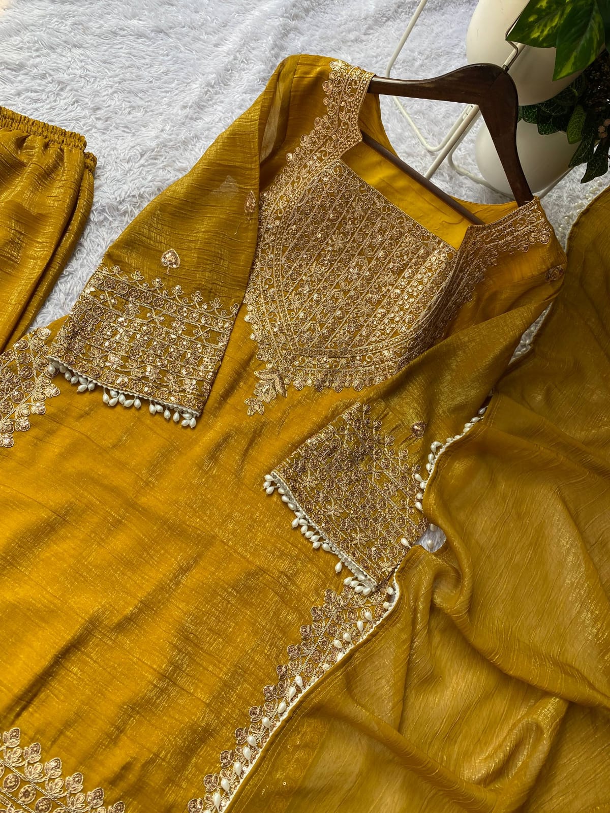 DESIGNER WEAR CORDING SEQUENCE EMBROIDERED TOP PLAZZO AND DUPATTA IN CHRUNCHY