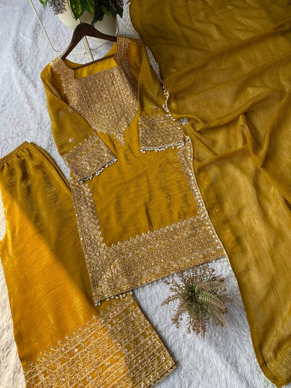 DESIGNER WEAR CORDING SEQUENCE EMBROIDERED TOP PLAZZO AND DUPATTA IN CHRUNCHY