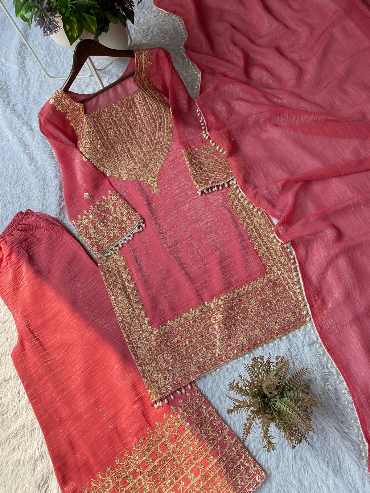 DESIGNER WEAR CORDING SEQUENCE EMBROIDERED TOP PLAZZO AND DUPATTA IN CHRUNCHY