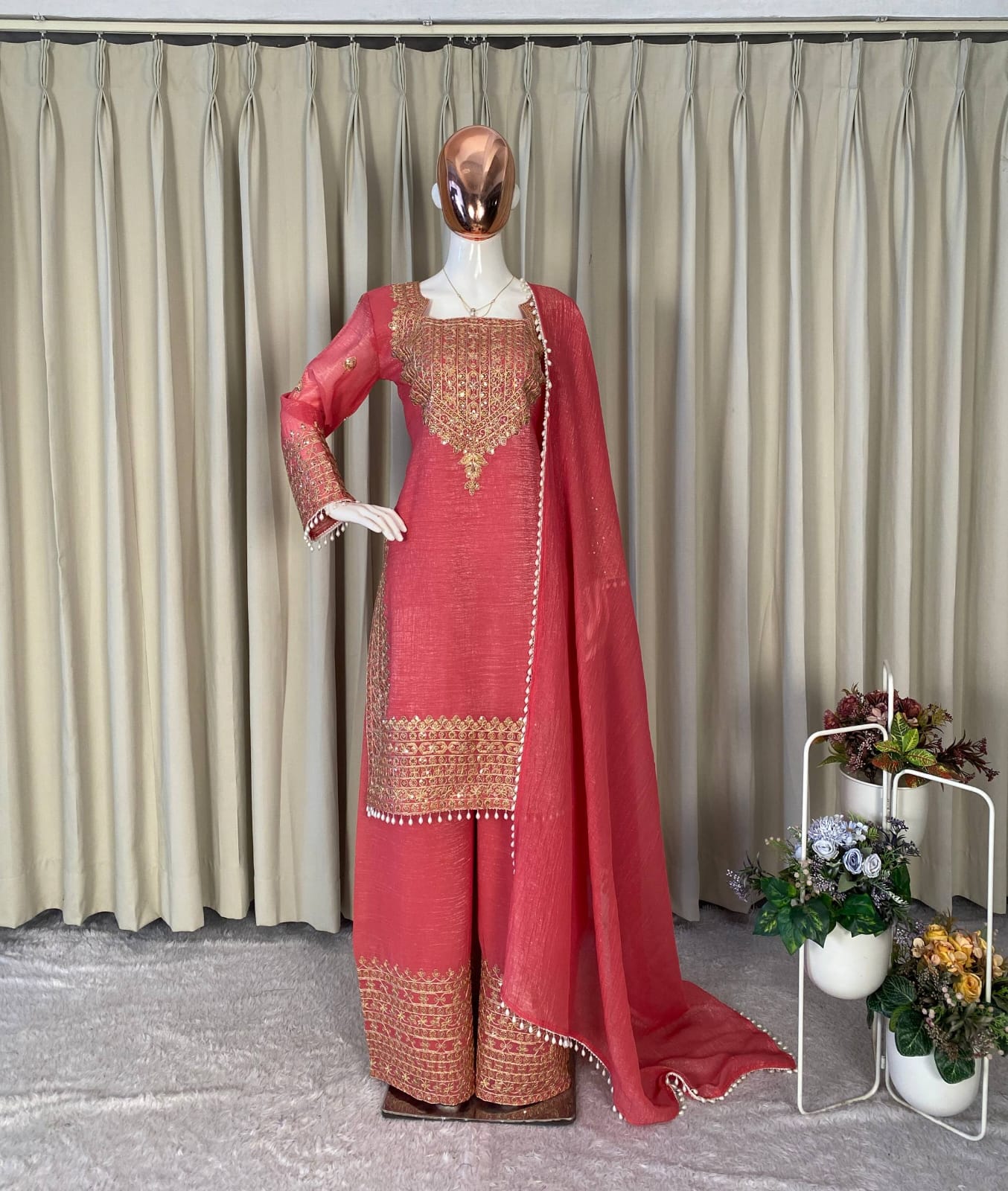 DESIGNER WEAR CORDING SEQUENCE EMBROIDERED TOP PLAZZO AND DUPATTA IN CHRUNCHY