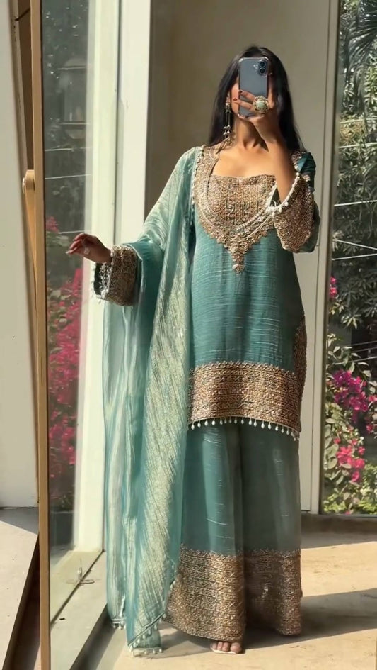 DESIGNER WEAR CORDING SEQUENCE EMBROIDERED TOP PLAZZO AND DUPATTA IN CHRUNCHY