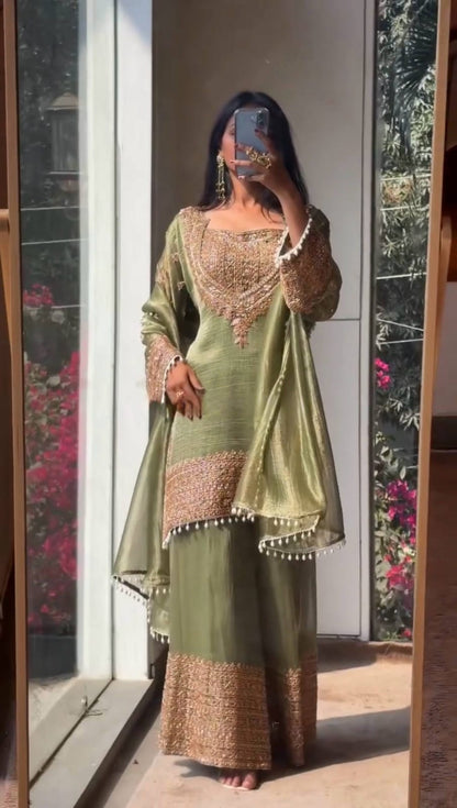 DESIGNER WEAR CORDING SEQUENCE EMBROIDERED TOP PLAZZO AND DUPATTA IN CHRUNCHY