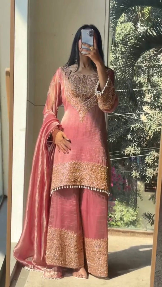 DESIGNER WEAR CORDING SEQUENCE EMBROIDERED TOP PLAZZO AND DUPATTA IN CHRUNCHY