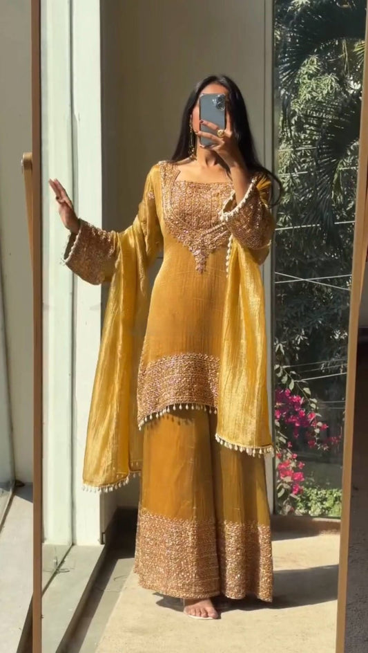 DESIGNER WEAR CORDING SEQUENCE EMBROIDERED TOP PLAZZO AND DUPATTA IN CHRUNCHY