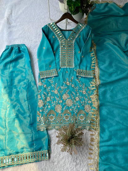 DESIGNER WEAR KURTI PLAZZO PAIR WITH REAL MIRROR EMBROIDERY WORK