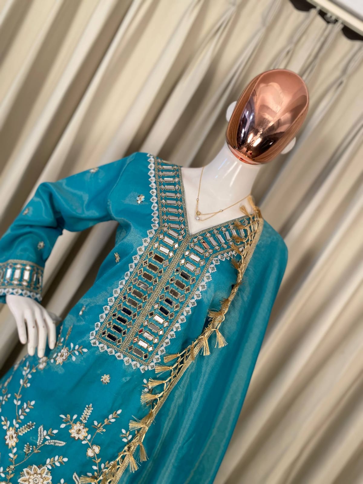 DESIGNER WEAR KURTI PLAZZO PAIR WITH REAL MIRROR EMBROIDERY WORK