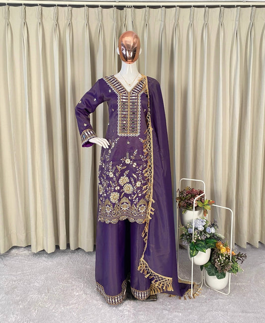 DESIGNER WEAR KURTI PLAZZO PAIR WITH REAL MIRROR EMBROIDERY WORK