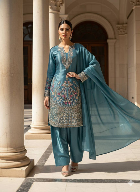 DESIGNER WEAR EMBROIDERED TOP -FARSI SALWAAR AND DUPATTA